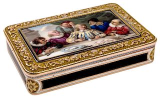 A CONTINENTAL VARI-GOLD AND ENAMEL SNUFF BOX SET WITH A MINIATURE PAINTING OF COLUMBUS BREAKING THE EGG, 18-19TH CENTURY