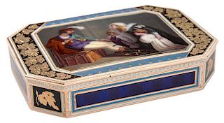 A CONTINENTAL GOLD AND ENAMEL SNUFF BOX SET WITH A MINIATURE PAINTING, 19TH CENTURY