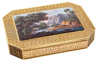 A SWISS GOLD SNUFF BOX SET WITH A MINIATURE ENAMEL PAINTING, FRANCOIS JOANIN, GENEVA, CIRCA 1815