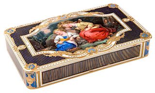A GOLD AND ENAMEL SNUFF BOX SET WITH A MINIATURE ENAMEL PAINTING, GUIDON, REMOND, GIDE & CO, GENEVA, 18-19TH CENTURY