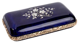 A GOLD SNUFF BOX WITH GUILLOCHE ENAMEL AND DIAMONDS, MARKED CMWS, SWITZERLAND, 19TH CENTURY