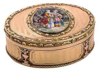A CONTINENTAL NEOCLASSICAL VARI-COLORED GOLD SNUFF BOX WITH CHINOISERIE  ENAMEL AND PEARLS, MARKED DS, 19TH CENTURY