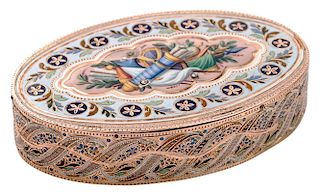 A CONTINENTAL ROSE GOLD AND CHAMPLEVE ENAMEL SNUFF BOX, 18-19TH CENTURY