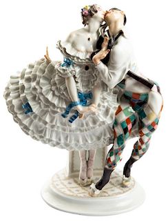 A PORCELAIN FIGURE GROUP OF NIJINSKY AS HARLEQUIN AND FALKINA AS COLUMBINE FROM THE RUSSIAN BALLET LE CARNIVAL, MEISSEN, AFTER A MODEL BY PAUL SCHEURI