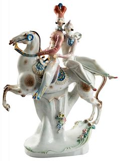 A FIGURAL PORCELAIN GROUP OF A TURKISH MAN ON HORSEBACK ABDUCTING A BEAUTY, MEISSEN, AFTER A MODEL BY PAUL SCHEURICH