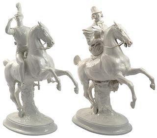 A PAIR OF PORCELAIN FIGURES, SOLDIER ON HORSEBACK AND LADY ON GALLOPING HORSE, MEISSEN, AFTER A MODEL BY PAUL SCHEURICH