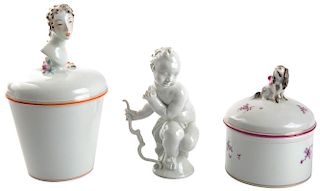 A GROUP OF THREE PORCELAIN OBJECTS INCLUDING A MODEL OF A PUTTO AND TWO JARS, MEISSEN, AFTER MODELS BY PAUL SCHEURICH
