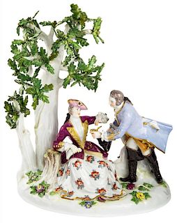A PORCELAIN FIGURAL GROUP OF A COURTING COUPLE UNDER A TREE, MEISSEN, 20TH CENTURY