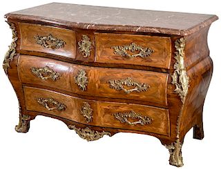 A GILT BRONZE MOUNTED COMMODE-TOMBEAU WITH RED MARBLE TABLETOP, STAMPED MONDON, JME, 18TH CENTURY
