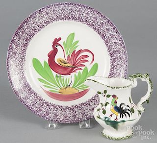 Sarreguemines spatterware plate with rooster, late 19th c., 8 1/4'' dia.