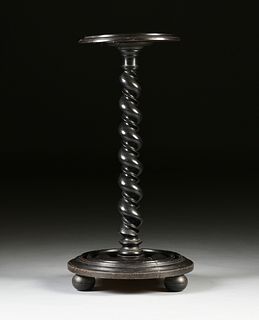A VICTORIAN EBONIZED AND CARVED WOOD PEDESTAL STAND, SECOND HALF 19TH CENTURY,