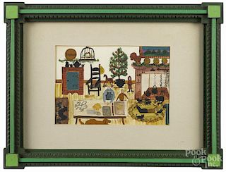 Barbara Strawser (American 20th c.), watercolor and gouache interior scene, signed middle right