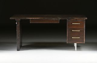 A MODERNIST BLACK STAINED WOOD AND STEEL OFFICE DESK, LAST QUARTER 20TH CENTURY,