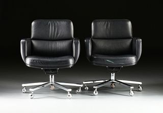 A PAIR OF MODERN "PALLADIUM" BLACK LEATHER SOFT PAD SWIVEL CHAIRS, BY THE BARRIT FURNITURE CORP., PHILADELPHIA, 1986,