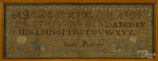 Silk on linen sampler, dated 1822, wrought by Sarah Rex, 6 1/2'' x 18 1/2''.