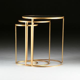 A CONTEMPORARY THREE PIECE SET OF MIRROR TOPPED GILT METAL NESTING TABLES,