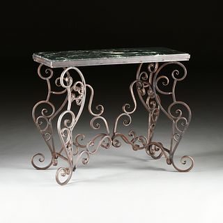 A FRENCH STYLE MARBLE TOPPED PATINATED WROUGHT IRON PASTRY TABLE, MODERN,