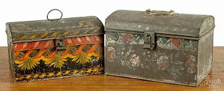 Two toleware dome lid boxes, 19th c., retaining their original polychrome decoration, 5 1/2'' h.
