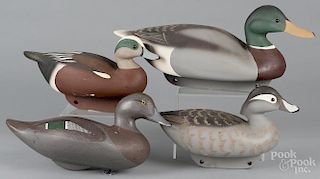 Four contemporary carved and painted duck decoys, one signed Bob Jobes 1991