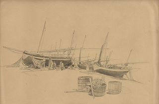 JAMES DAVID SMILLIE (American 1833-1909) A DRAWING, "Study of Boats," ÉTRETAT, JULY 17, 1884,