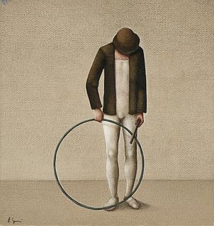 A BELGIAN SURREALIST STYLE PAINTING, "Acrobat with Hoop," 20TH CENTURY,