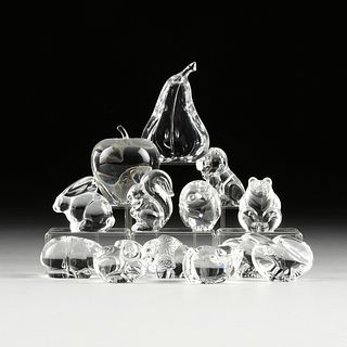A GROUP OF TWELVE STEUBEN GLASS HAND COOLERS, A PEAR PAPER WEIGHT AND A BACCARAT APPLE, LATE 20TH CENTURY,