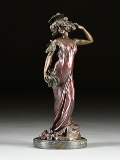 LUCIEN CHARLES EDOUARD ALLIOT (French 1877-1967) A BRONZE, "Art Nouveau Beauty with Lychee Fruit and Leaves," 