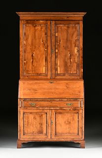 A GEORGE III STYLE YEW WOOD SLANT FRONT SECRETARY BOOKCASE CABINET, 19TH CENTURY,