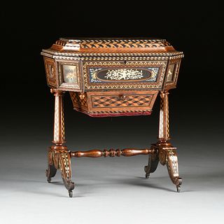 A VICTORIAN ELABORATELY INLAID MOTHER OF PEARL, EBONY AND ROSEWOOD WORK TABLE, POSSIBLY SPANISH, SECOND HALF 19TH CENTURY,