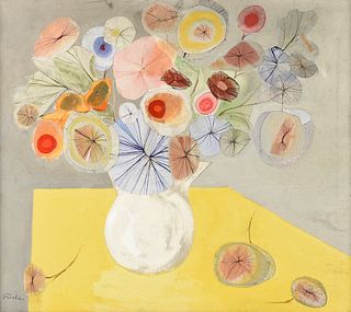EVA FISCHER (Croatian/Italian 1920-2015) A PAINTING, "Flowering Vase on a Yellow Table,"