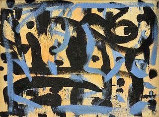 DICK WRAY (American 1933-2011) A PAINTING, "Abstract in Blue and Black on a Yellow Ground," CIRCA 1989,