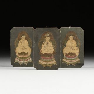 A GROUP OF THREE EAST ASIAN THANGKA FRAGMENTS ON WOOD OF BODHISATTVAS, 17TH/18TH CENTURY,