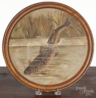 Painted cherry wall plaque, ca. 1900, with a trout, 11'' dia.