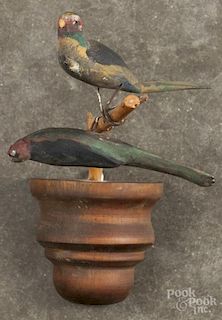 Carved and painted birds on a turned wall mount, 19th c., birds - 5 1/2'' l.