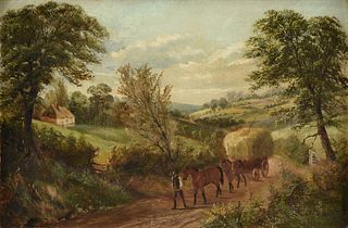 BRITISH SCHOOL, A PAINTING, "Bringing in the Hay Cart by the Cottage," 1830-1890,
