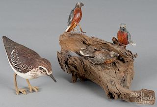 Three carved and painted birds, 20th c., mounted on driftwood