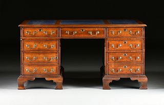 A GEORGE II STYLE WALNUT BLUE LEATHER TOP PARTNER'S DESK, ENGLISH, MID 20TH CENTURY,