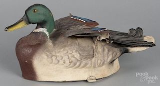Papier-mâché flap-o-matic mallard duck decoy, 20th c., 16'' l.