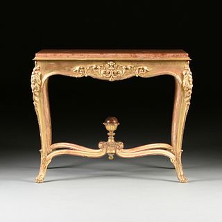 A ROCOCO REVIVAL MARBLE TOPPED GILTWOOD CENTER TABLE, POSSIBLY ITALIAN, LATE 19TH CENTURY,