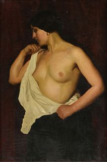 attributed to ORAZIO GAIGHER (Austrian/Italian 1870-1938) A PAINTING, "Nude Beauty with Earrings," MADONNA DI CAMPIGLIO, CIRCA 1904,
