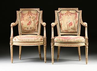 A PAIR OF LOUIS XVI STYLE AUBUSSON UPHOLSTERED PARCEL GILT AND GRAY LACQUERED FAUTEUILS EN CABRIOLET, LATE 19TH CENTURY,