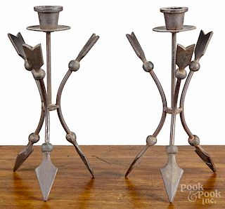 Pair of contemporary iron arrow candleholders, 9 3/4'' h.