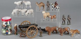 Miscellaneous toys, to include stick leg sheep, composition and spelter animals