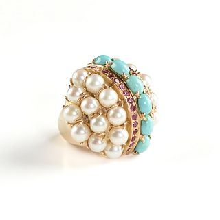 A LADY'S CUSTOM PEARL, PERSIAN TURQUOISE, RUBY, AND 18K YELLOW GOLD RING, 