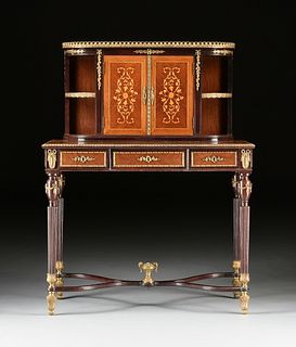 AN ENGLISH ORMOLU MOUNTED AND MARQUETRY INLAID MAHOGANY BONHEUR DU JOUR, LATE 19TH/EARLY 20TH CENTURY,