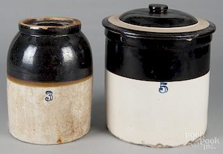 Five-gallon stoneware lidded crock, ca. 1900, 14 1/2'' h., together with a three-gallon crock