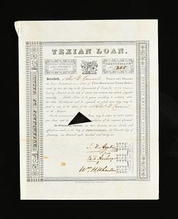 A TEXAS REVOLUTION DOCUMENT, TEXIAN LOAN, SIGNED, STEPHEN F. AUSTIN, B.T. ARCHER AND WILLIAM H. WHARTON, PAID BY THOMAS D. CARNEAL, NEW ORLEANS, JANUA