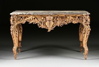 A LOUIS XV STYLE MARBLE TOPPED GILTWOOD TABLE DE MILIEU, POSSIBLY ITALIAN, CIRCA 1880,