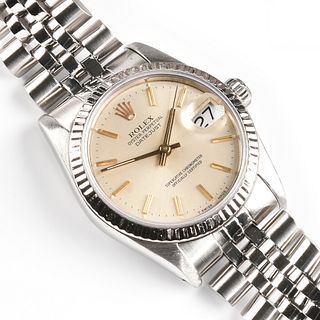 A ROLEX OYSTER PERPETUAL DATEJUST STAINLESS STEEL LADY'S WRISTWATCH,