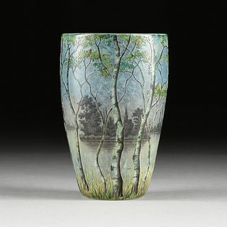 A DAUM NANCY ACID ETCHED AND ENAMELED GLASS LAKESHORE VASE, SIGNED, EARLY 20TH CENTURY,